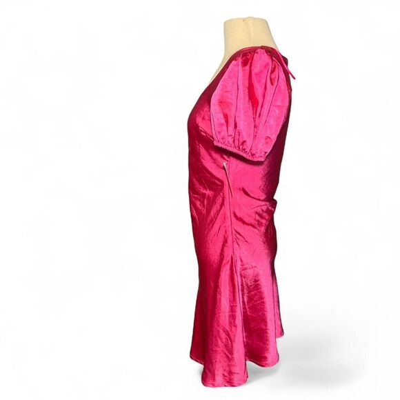 Lush Fuschia Satin Puff Sleeve Mini Dress Y2K Style Barbie Pink Size Medium - Picture 5 of 8